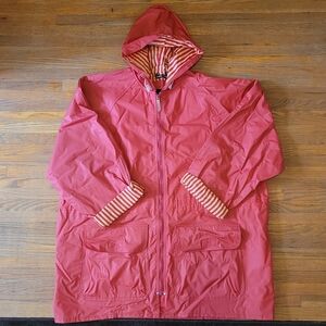 Totes Red Hooded Rain Jacket Adult XL Red Yellow Striped Lining Drawstring